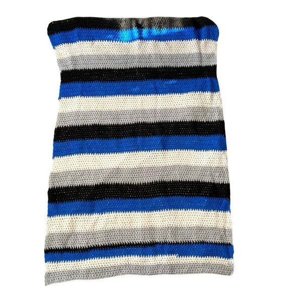 Vintage 70s Hand Crocheted Afghan Lap Throw Baby Blanket Blue Striped 80s‎ Boho - Picture 2 of 9